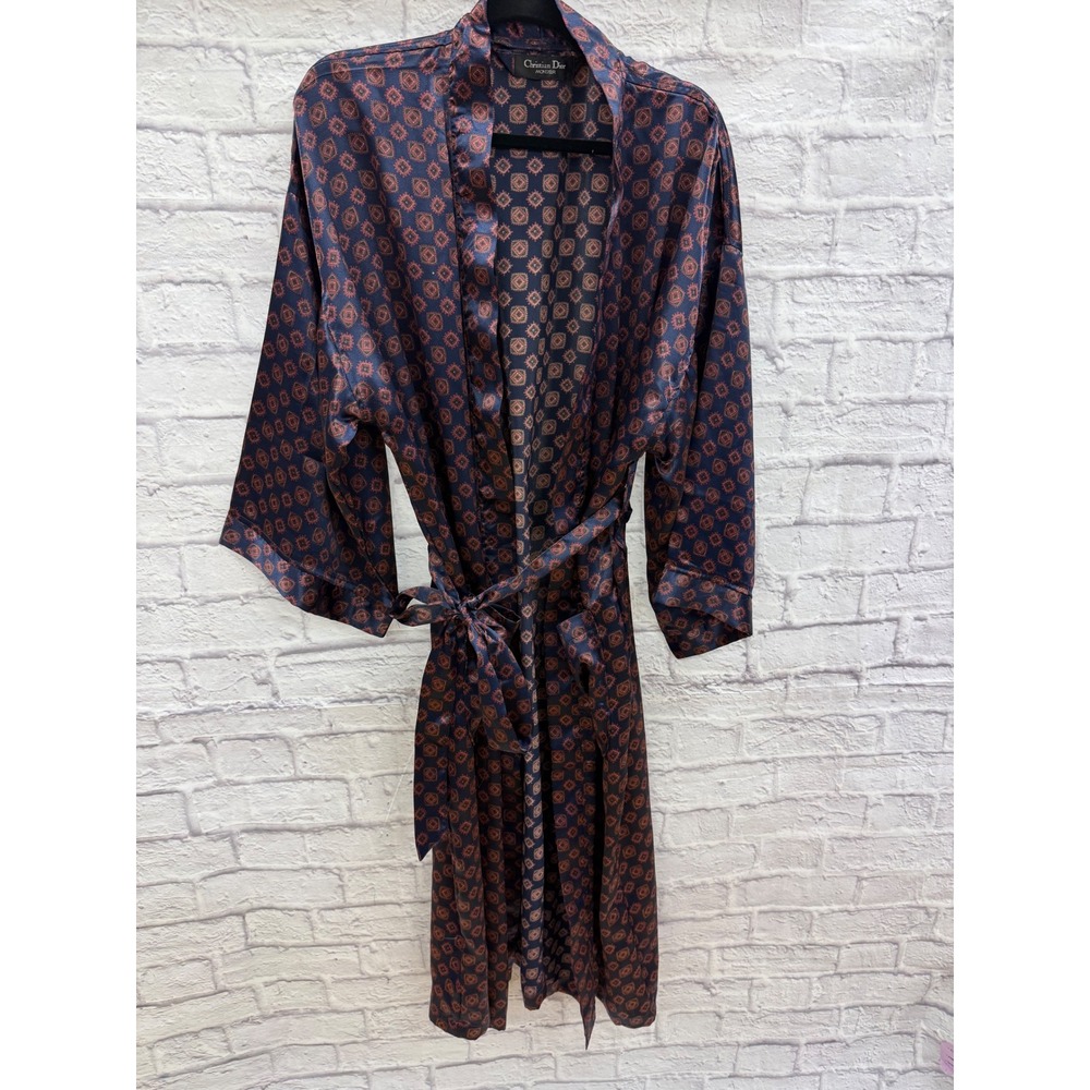 Christian Dior Monsieur Mens Satin Robe Navy Blue Print One Size Vintage - Picture 10 of 11